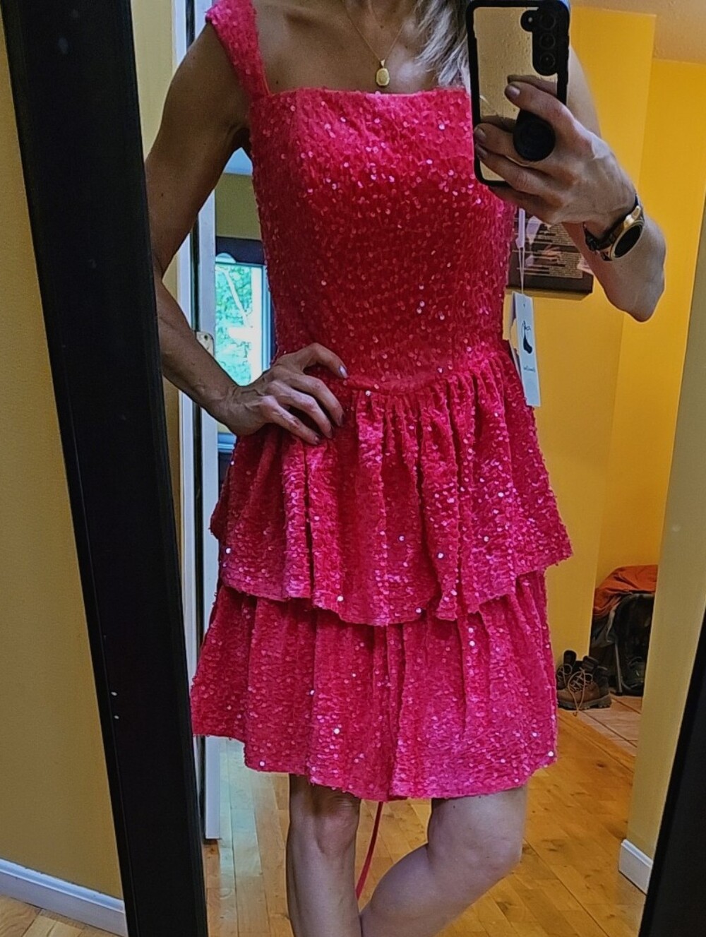 Sparkling Hot Pink Tiered Sequin Formal Dress for Women